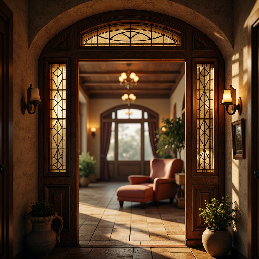 Prompt: Rustic wooden frames, ornate metal hinges, distressed finishes, vintage-inspired hardware, earthy color palette, natural textures, cinematic lighting, warm golden tones, soft focus, shallow depth of field, 1/1 composition, symmetrical balance, elegant archways, stained glass accents, rich wood grains, luxurious velvet drapes, grandiose chandeliers, opulent furnishings, intricate carvings, classic film noir atmosphere.