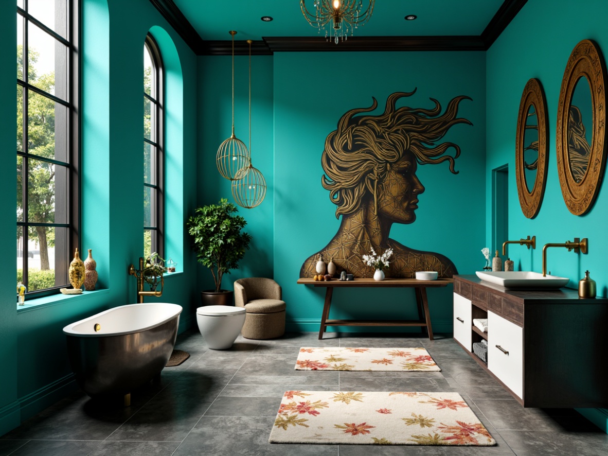 Prompt: Vibrant turquoise walls, expressive curves, bold black lines, geometric patterns, ornate golden fixtures, freestanding tubs, futuristic sinks, abstract artwork, dramatic lighting, moody shadows, luxurious textiles, plush area rugs, metallic accents, eclectic decorative objects, avant-garde accessories, oversized mirrors, sleek countertops, unique storage units, statement furniture pieces, artistic floor tiles, dynamic color blocking, 2/3 composition, warm soft focus, realistic reflections.