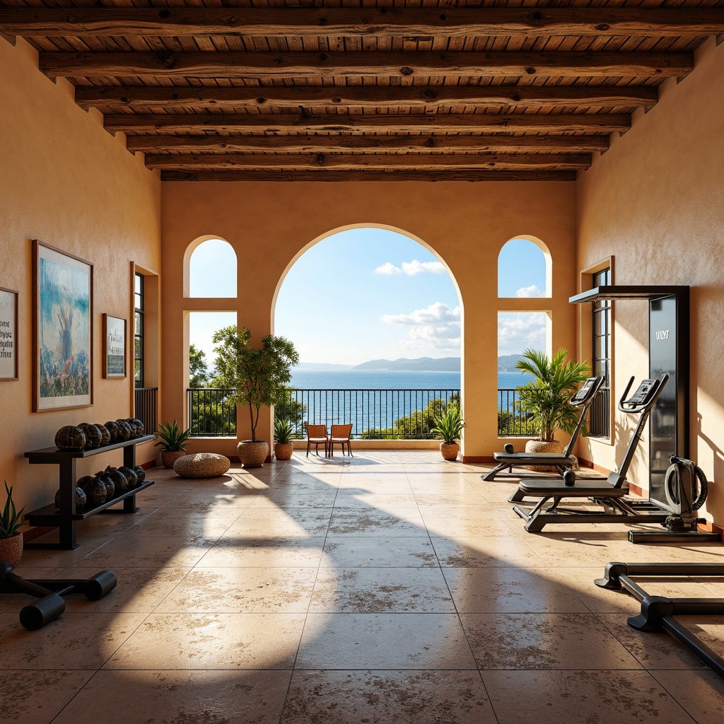 Prompt: Warm Mediterranean fitness studio, natural stone flooring, rustic wooden beams, soft warm lighting, large windows, ocean views, bright blue sky, sunlight pouring in, modern fitness equipment, sleek metal frames, vibrant colors, motivational quotes, refreshing ambiance, ambient sounds of waves, shallow depth of field, 3/4 composition, realistic textures, panoramic view.