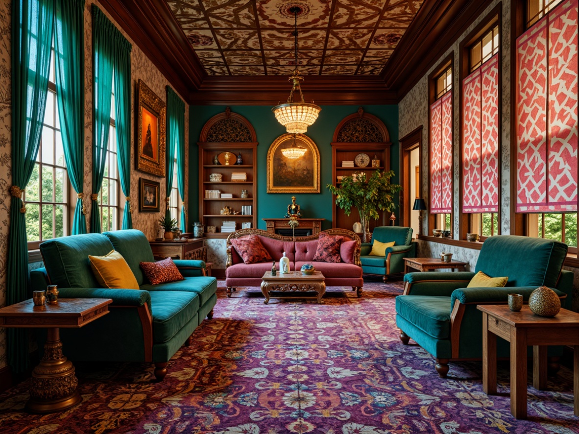 Prompt: Vibrant eclectic interior, rich velvet fabrics, bold geometric patterns, ornate antique furniture, distressed wood accents, colorful Moroccan tiles, luxurious jewel-toned colors, emerald green, sapphire blue, amethyst purple, warm golden lighting, soft focus, 1/2 composition, shallow depth of field, realistic textures, ambient occlusion.