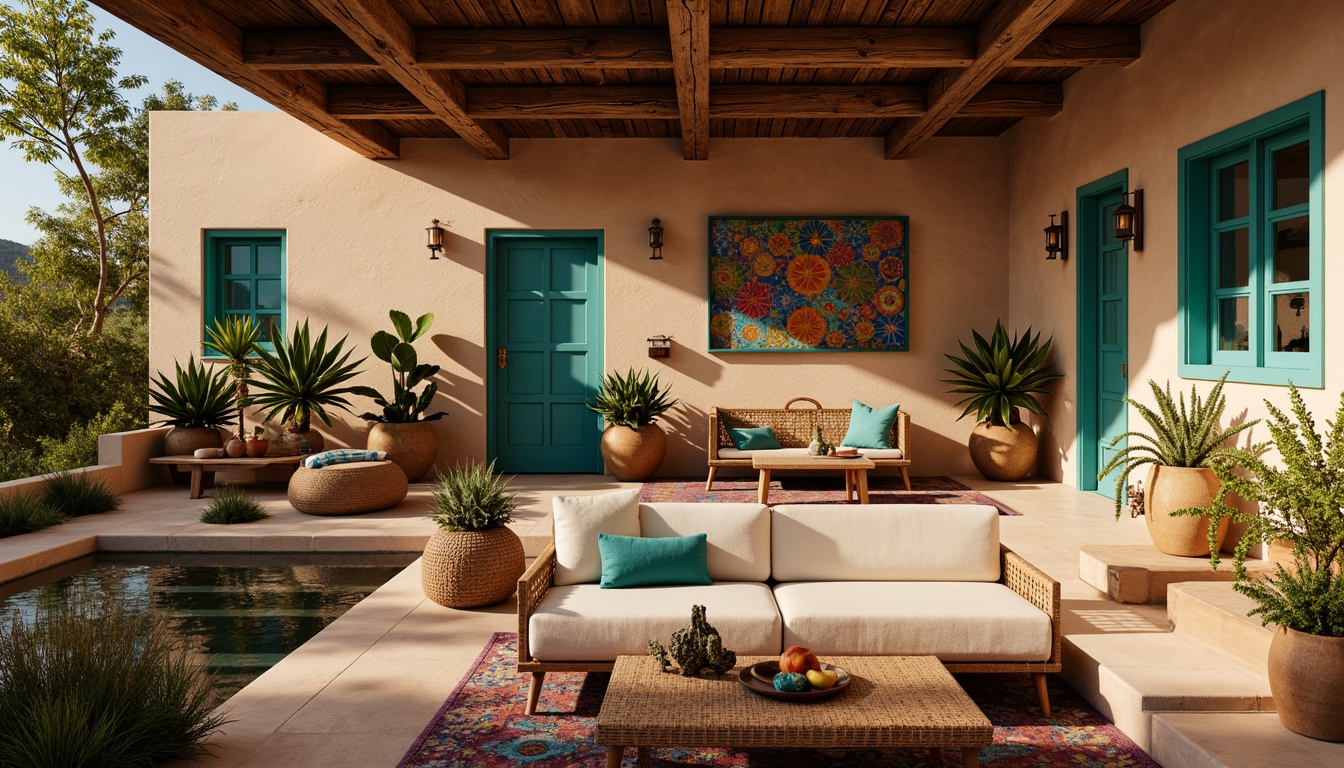 Prompt: Vibrant turquoise accents, rustic wooden beams, earthy adobe walls, colorful tile work, ornate metal fixtures, geometric patterned rugs, woven basket furniture, desert botanicals, cactus plants, sandy terracotta pots, warm golden lighting, soft shadowing, 1/1 composition, intimate focal length, realistic textures, ambient occlusion, Southwestern-inspired architecture, cozy patios, tranquil water features.