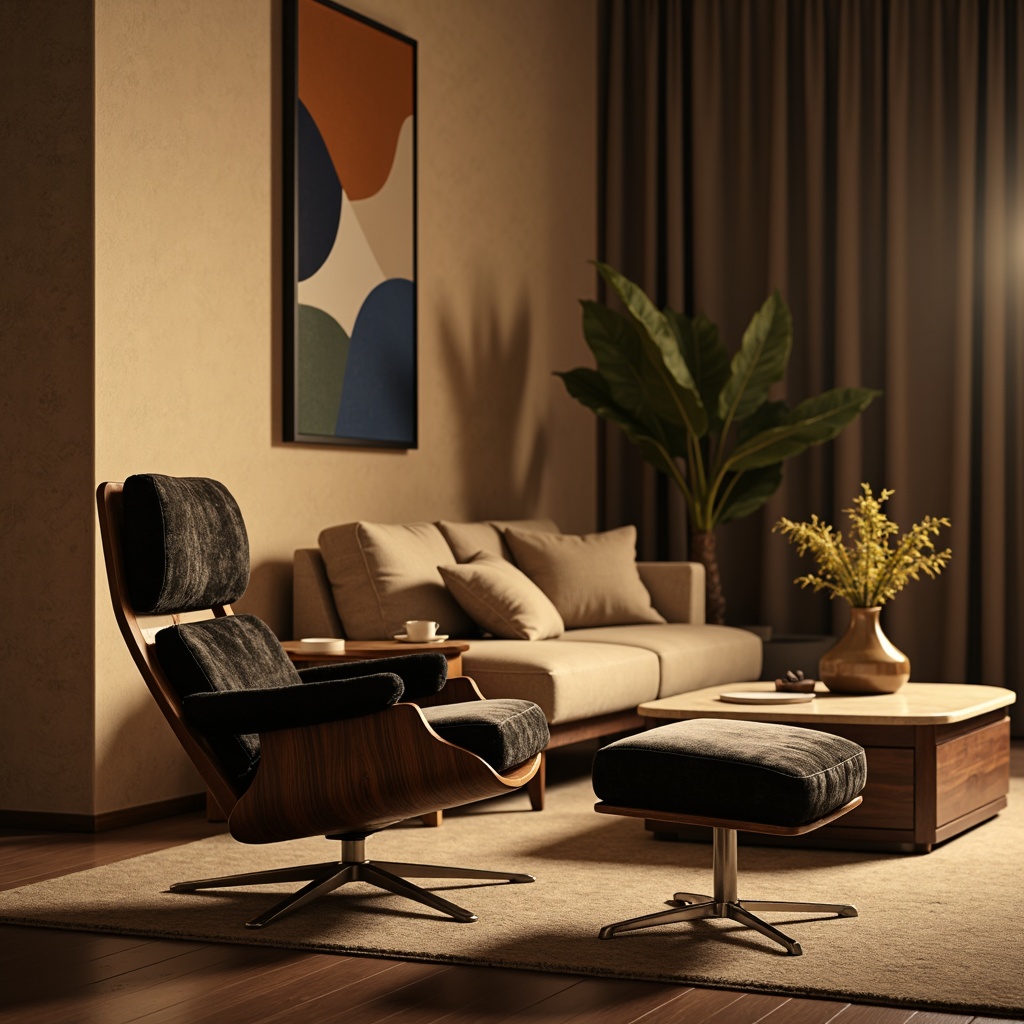 Prompt: Mid-century modern armchair, sleek wooden legs, plush velvet upholstery, minimalist coffee table, geometric metal base, industrial chic decor, atmospheric dim lighting, warm beige walls, abstract art pieces, Scandinavian-inspired wood accents, functional storage ottoman, curved lines, bold color blocking, luxurious marble tops, metallic hardware, soft golden lighting, shallow depth of field, 1/1 composition, realistic textures, ambient occlusion.