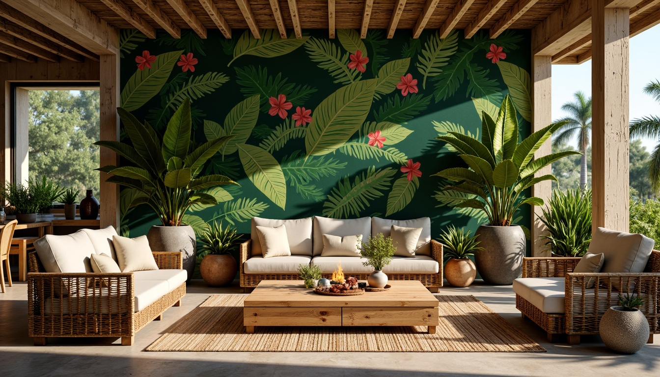 Prompt: Vibrant tropical leaves, exotic flowers, woven rattan furniture, natural wood accents, bamboo textures, colorful tiki torches, sandy beach floors, ocean-inspired ceramics, woven jute rugs, distressed wood planks, lush green walls, palm tree silhouettes, warm sunny lighting, soft focus photography, 1/2 composition, earthy color palette, organic shapes, rustic metal decor.