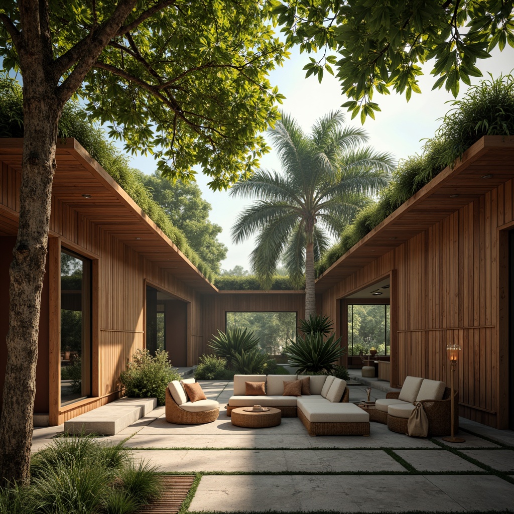 Prompt: Rustic wooden accents, reclaimed timber walls, earthy stone floors, living green roofs, natural fiber textiles, organic shaped furniture, woven rattan details, bamboo forest surroundings, misty morning atmosphere, soft warm lighting, shallow depth of field, 1/1 composition, realistic wood grain textures, ambient occlusion.