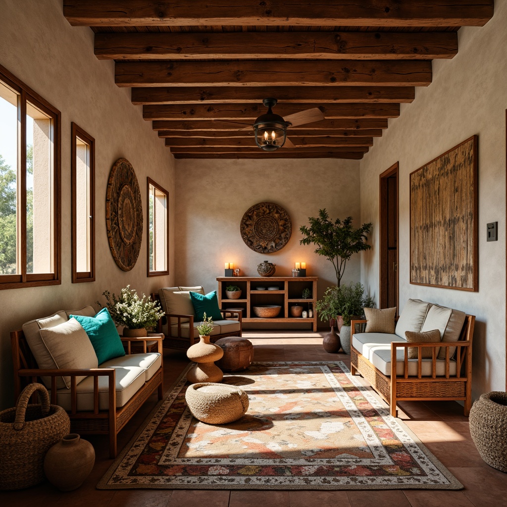 Prompt: Southwestern craft room, rustic wooden furniture, woven baskets, vibrant turquoise accents, natural textiles, earthy clay pots, handmade ceramic vases, cozy reading nook, plush area rug, warm candlelight, ambient shadows, shallow depth of field, 3/4 composition, panoramic view, realistic textures, soft warm lighting, desert-inspired colors, adobe-style architecture, vintage decorative items, eclectic artwork.