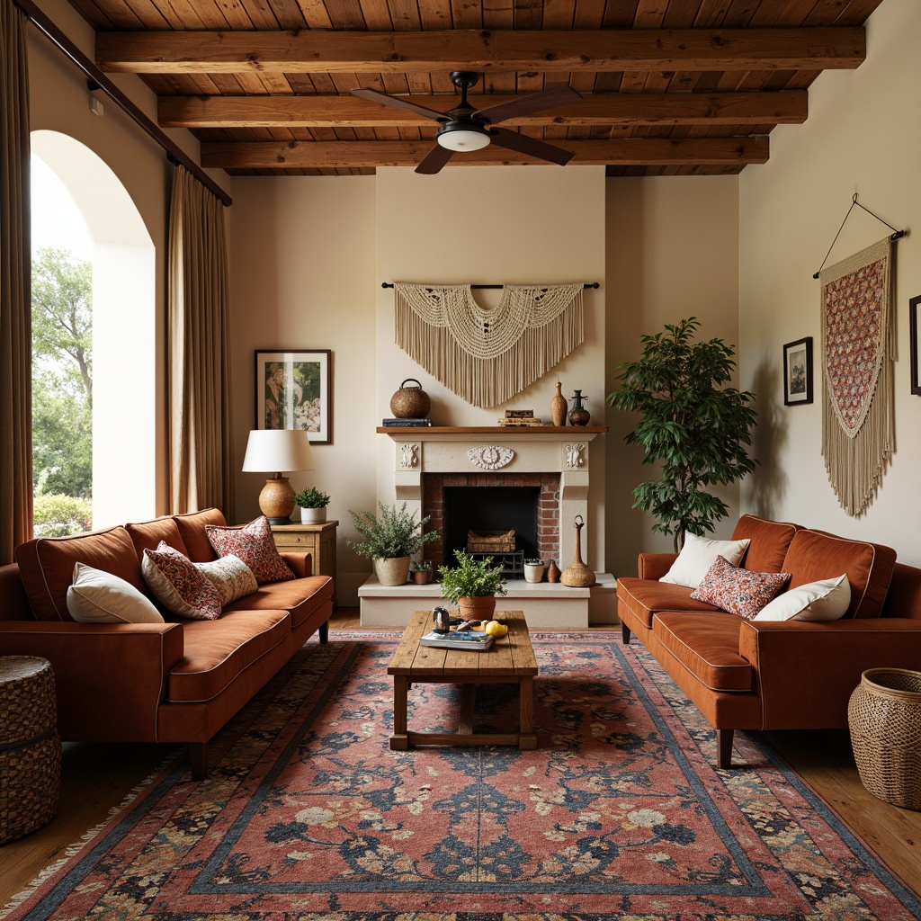 Prompt: Cozy eclectic family room, vintage furniture, distressed wood accents, plush velvet sofas, Moroccan-inspired patterned rugs, colorful woven baskets, macrame wall hangings, natural fiber textiles, soft warm lighting, layered window treatments, flowing curtains, bohemian chic decor, global-inspired accessories, mix-and-match pillow patterns, warm beige walls, reclaimed wood coffee table, greenery-filled planters, abstract artwork, eclectic gallery walls, shallow depth of field, 1/2 composition, realistic textures.