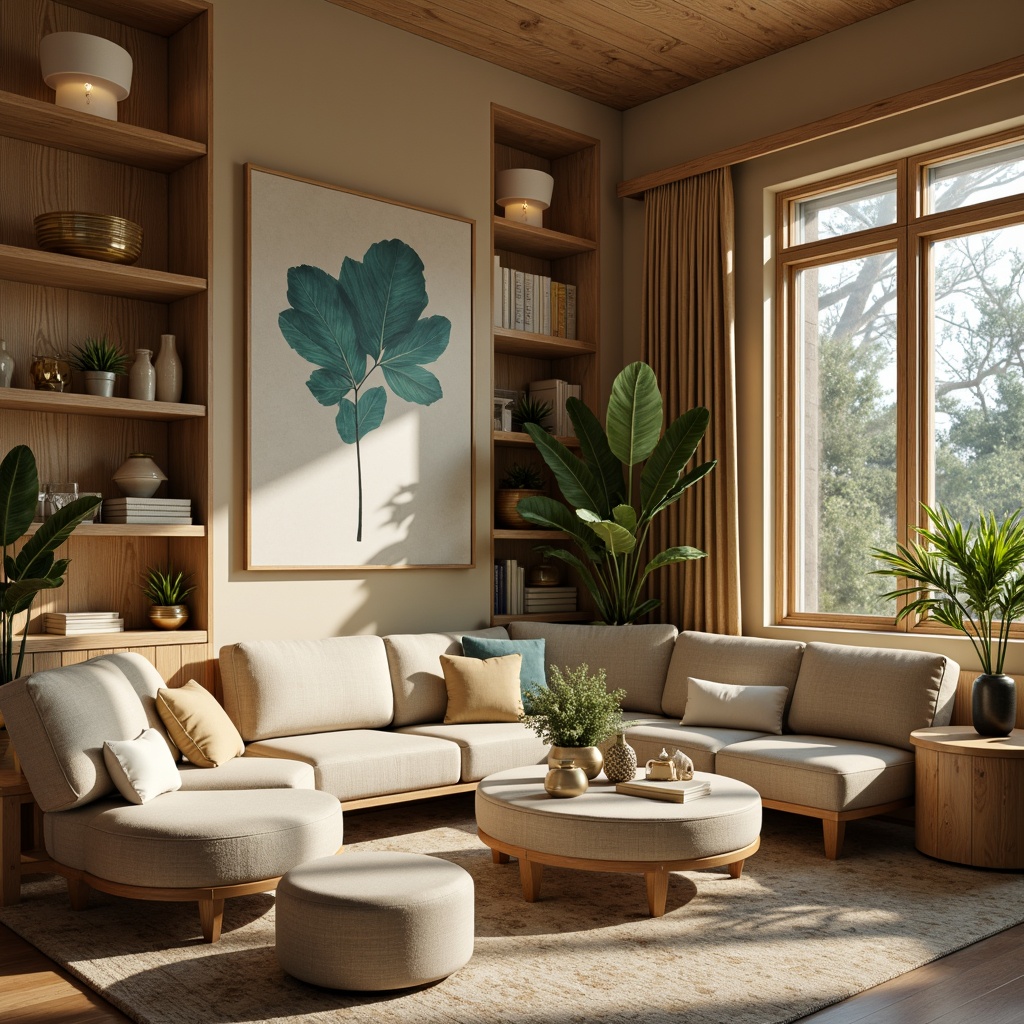 Prompt: Warm beige walls, rich wood accents, soft cream furniture, calming blue-green art pieces, metallic gold decor, natural stone flooring, cozy reading nook, lush greenery, warm task lighting, ambient shadows, 1/1 composition, realistic textures, shallow depth of field.