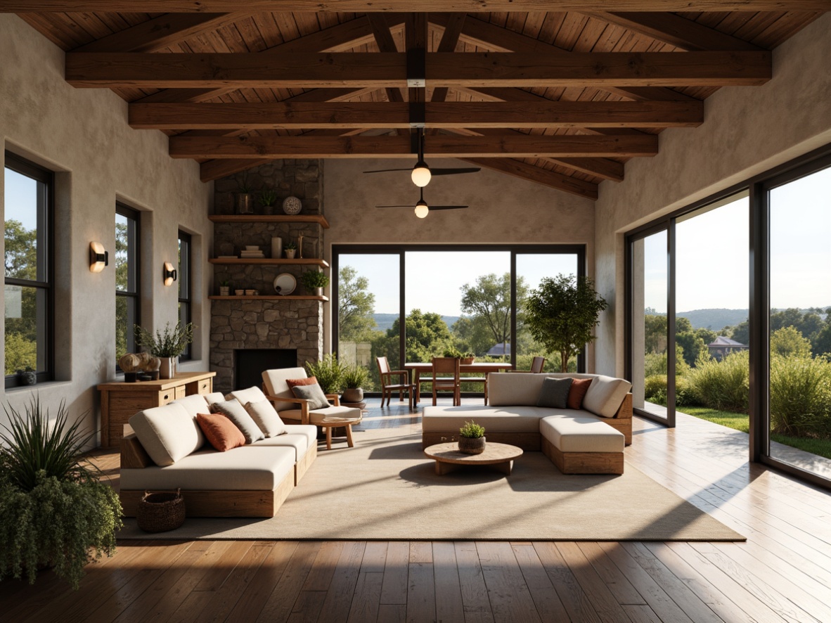 Prompt: Rustic farmhouse, modern twist, open floor plan, high ceilings, wooden beams, large windows, sliding glass doors, natural light, airy atmosphere, minimal decor, industrial lighting, metal accents, reclaimed wood floors, stone walls, earthy color palette, cozy nooks, comfortable seating areas, built-in shelving, rustic-chic furniture, vintage decorative items, lush greenery, panoramic views, rural landscape, sunny day, soft warm lighting, shallow depth of field, 3/4 composition.