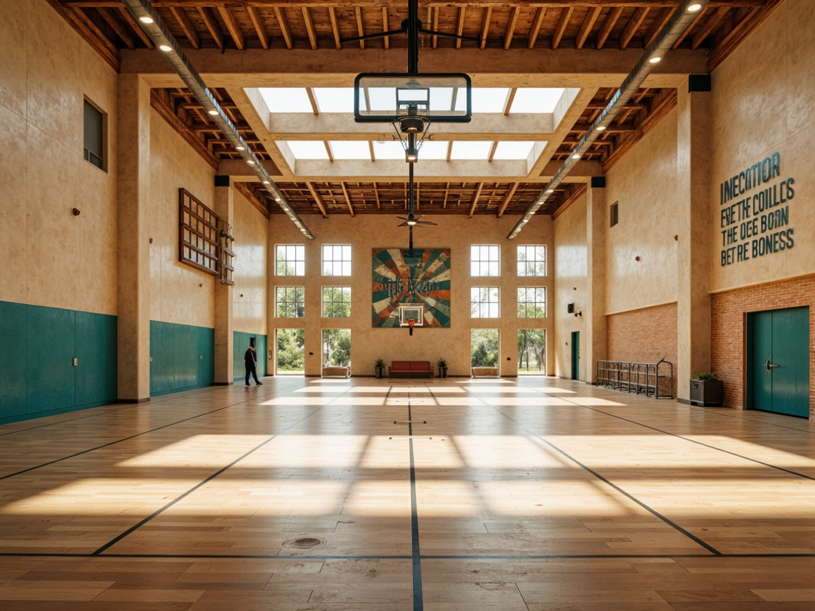 Prompt: Southwestern style gymnasium, warm beige walls, rustic wooden floors, high ceilings, clerestory windows, natural light pouring in, ambient softbox lighting, LED track lights, industrial metal fixtures, exposed ductwork, distressed wood accents, vibrant turquoise accents, desert-inspired patterns, textured concrete columns, modern minimalist decor, open spaces, athletic equipment, basketball courts, running tracks, motivational quotes, inspirational wall art, warm sunny day, shallow depth of field, 1/1 composition, realistic textures, ambient occlusion.