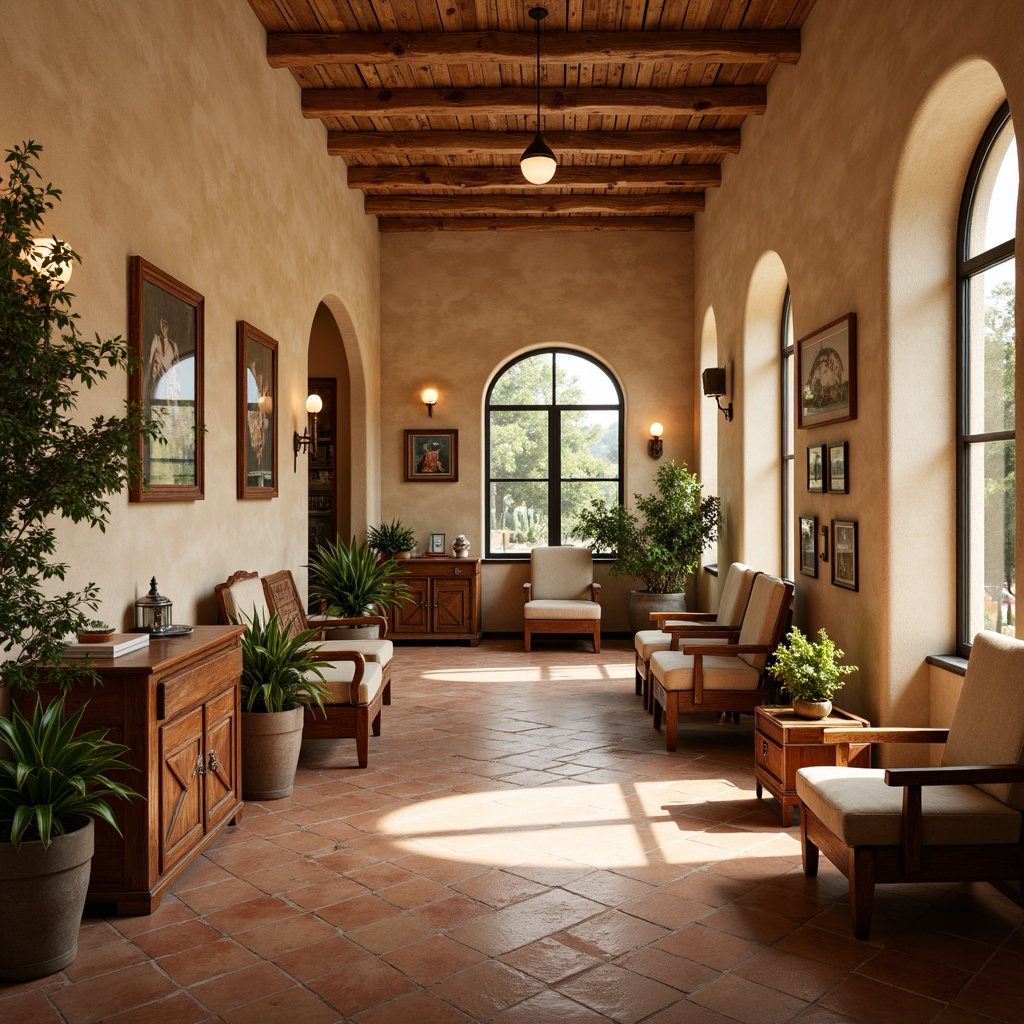 Prompt: Mediterranean-style dental clinic, warm beige walls, terracotta flooring, rustic wooden accents, natural stone countertops, decorative ceramic tiles, warm lighting, cozy waiting area, lush green plants, vintage dental equipment displays, distressed wood furniture, earthy color palette, soft warm textures, shallow depth of field, 3/4 composition, realistic reflections, ambient occlusion.