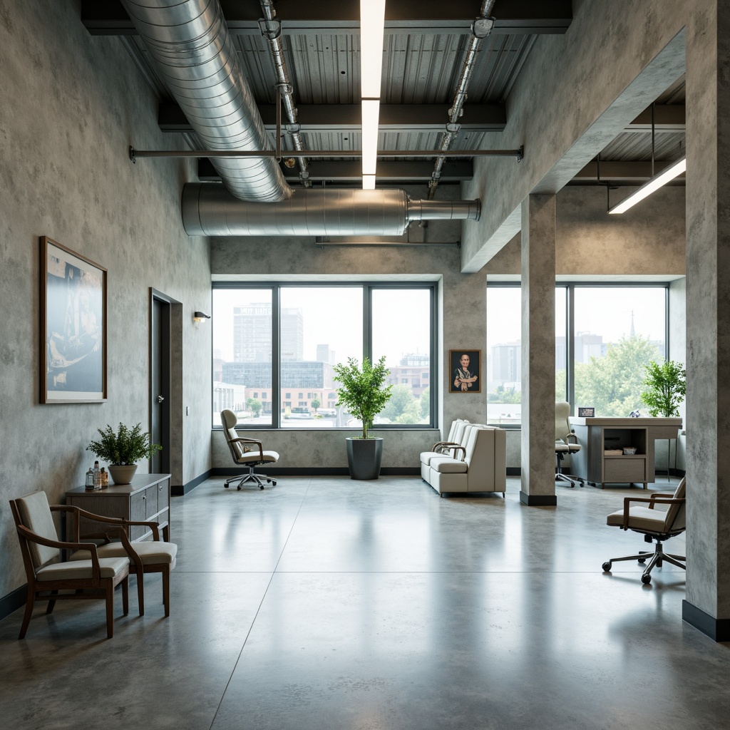 Prompt: Sterile clinic interior, brutalist concrete walls, industrial metal beams, minimalist furniture, sparse greenery, neutral color palette, abundant natural light, high ceilings, exposed ductwork, polished concrete floors, stainless steel equipment, ergonomic chairs, modern medical devices, subtle ambient lighting, 1/1 composition, shallow depth of field, realistic textures, ambient occlusion.