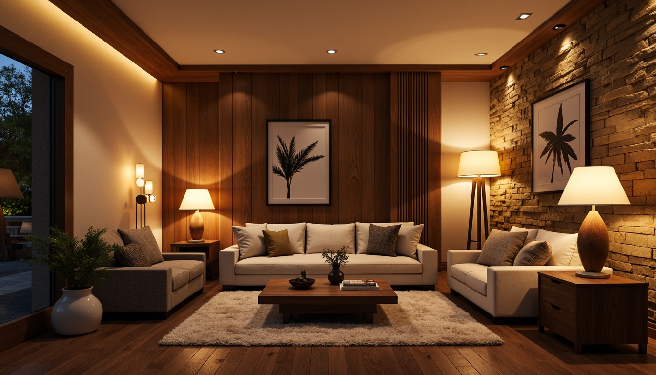 Prompt: Cozy living room, warm ambient lighting, soft glow ceiling lamps, table lamps with linen shades, floor lamps with wooden accents, comfortable sofas, plush area rugs, natural stone walls, wooden flooring, modern minimalist decor, bright accent walls, recessed LED lights, subtle color temperature changes, 1/1 composition, shallow depth of field, realistic textures, ambient occlusion.