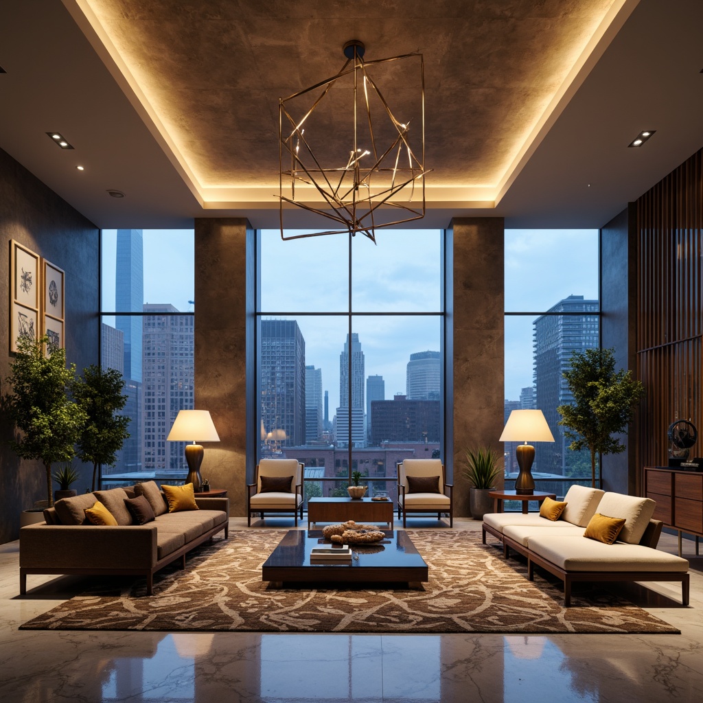 Prompt: Modern living room, sleek furniture, polished marble floors, geometric patterned rugs, floor-to-ceiling windows, urban cityscape views, dramatic chandeliers, LED strip lighting, recessed ceiling lights, pendant lamps, minimalist metal fixtures, warm ambient glow, cozy reading nooks, textured walls, luxurious velvet sofas, metallic accents, futuristic lamp designs, abstract sculptures, softbox lighting, 1/1 composition, shallow depth of field, realistic reflections.