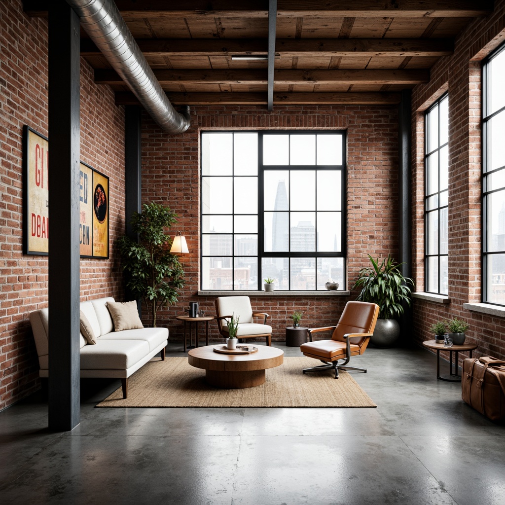 Prompt: Industrial-chic loft space, exposed brick walls, polished concrete floors, wooden beam ceilings, metal columns, minimalist decor, modern eclectic furniture, cozy reading nooks, floor-to-ceiling windows, natural light pouring in, urban cityscape views, soft warm lighting, shallow depth of field, 3/4 composition, panoramic view, realistic textures, ambient occlusion.