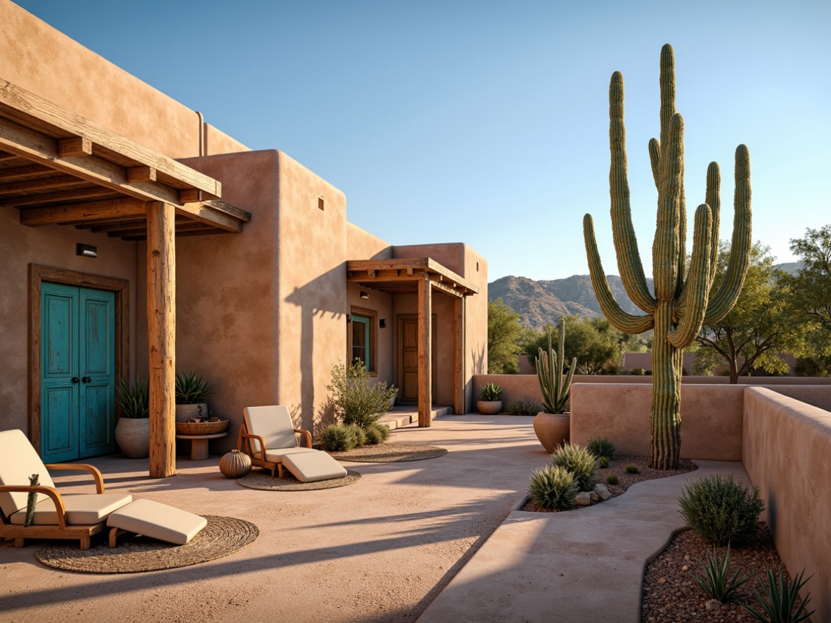 Prompt: Southwestern adobe buildings, earthy stucco walls, rough-hewn wooden accents, vibrant turquoise doors, distressed metal details, woven wool textiles, natural fiber rugs, terracotta pottery, sandy desert landscape, majestic saguaro cacti, clear blue skies, warm golden lighting, shallow depth of field, 1/2 composition, realistic textures, ambient occlusion.