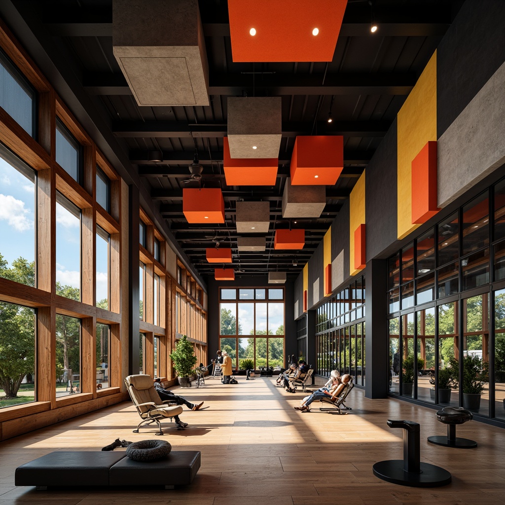 Prompt: Modern gym interior, sound-absorbing panels, geometric patterns, dark wood accents, sleek metal equipment, vibrant color schemes, high ceilings, open spaces, diffused natural light, soft warm lighting, 3/4 composition, shallow depth of field, realistic textures, ambient occlusion, suspended acoustic tiles, bass traps, sound-diffusing materials, fabric-wrapped panels, strategically placed mirrors, optimized speaker placement, clear audio frequencies, crisp sound reproduction.