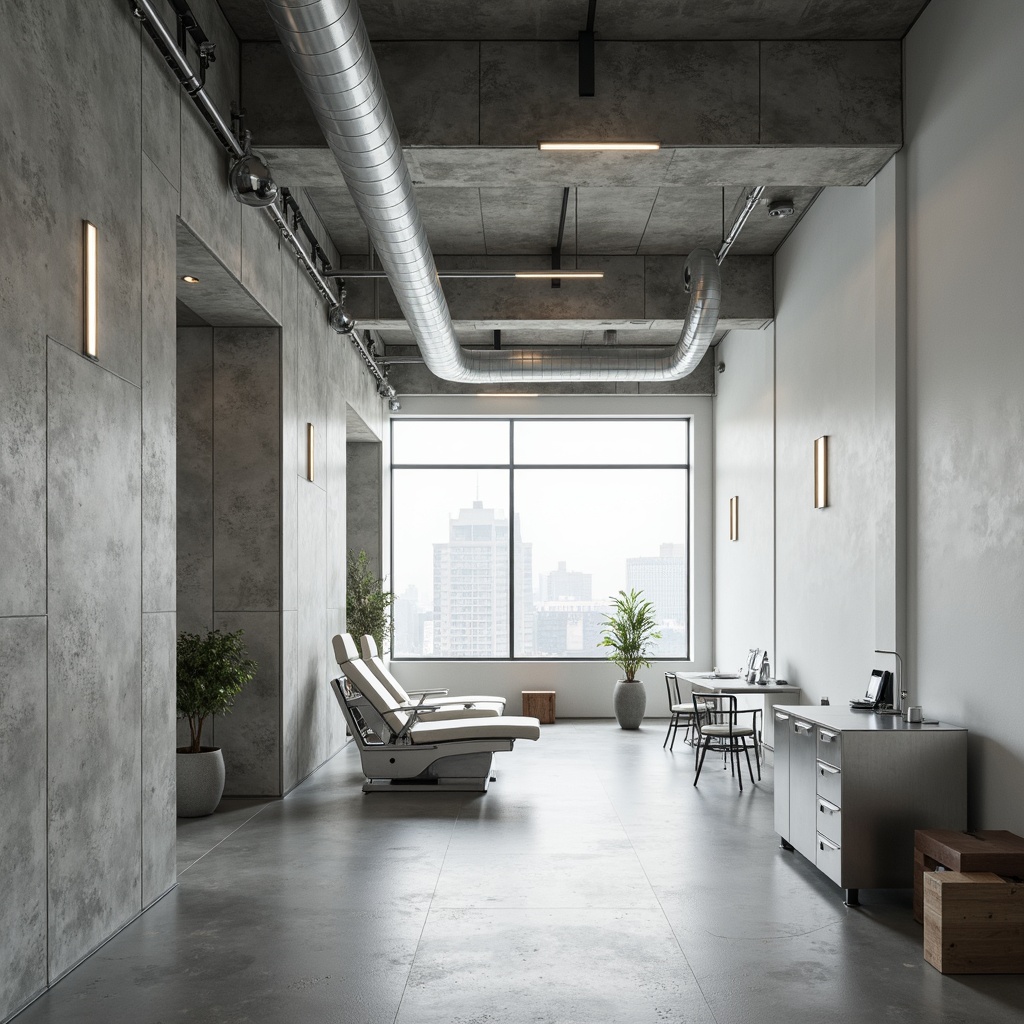 Prompt: Concrete brutalist clinic, minimalist decor, monochromatic color scheme, industrial materials, exposed ductwork, polished steel equipment, sterile white walls, functional furniture, geometric shapes, abundant natural light, high ceilings, open floor plan, urban cityscape views, overcast day, soft diffused lighting, shallow depth of field, 1/1 composition, realistic textures, ambient occlusion.