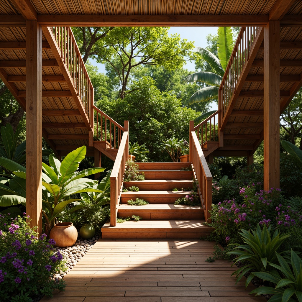 Prompt: Tropical staircase design, rich wood tones, exotic hardwood materials, polished steel railings, intricate carvings, natural fiber ropes, woven bamboo accents, lush greenery surroundings, vibrant flower arrangements, sunny day lighting, warm ambiance, shallow depth of field, 3/4 composition, realistic textures, ambient occlusion.