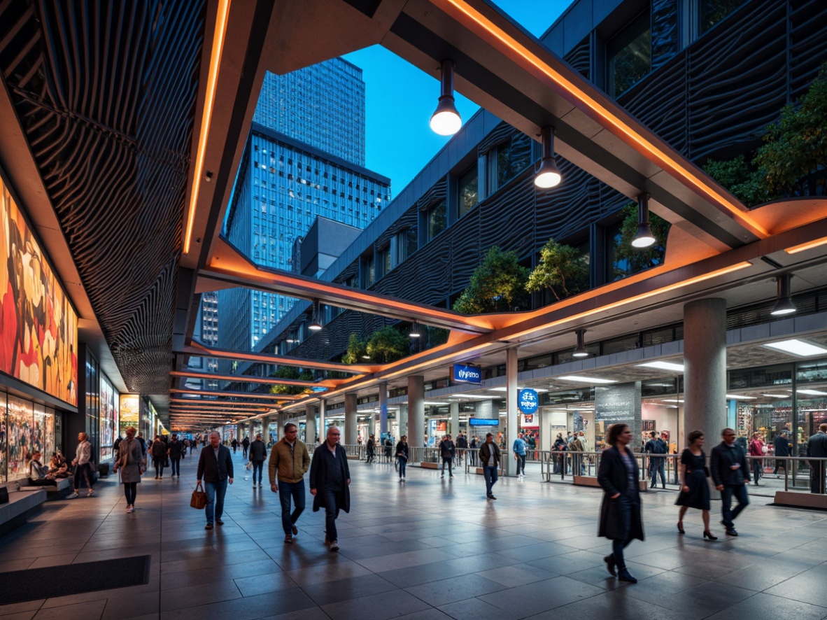 Prompt: Vibrant metro station, sleek modern architecture, geometric patterned walls, metallic accents, LED lighting, urban cityscape, busy pedestrian traffic, industrial-chic materials, reclaimed wood panels, abstract graffiti murals, polished concrete floors, dynamic angular lines, futuristic ambiance, high-contrast color scheme, dramatic spotlights, shallow depth of field, 1/2 composition, realistic textures, ambient occlusion.