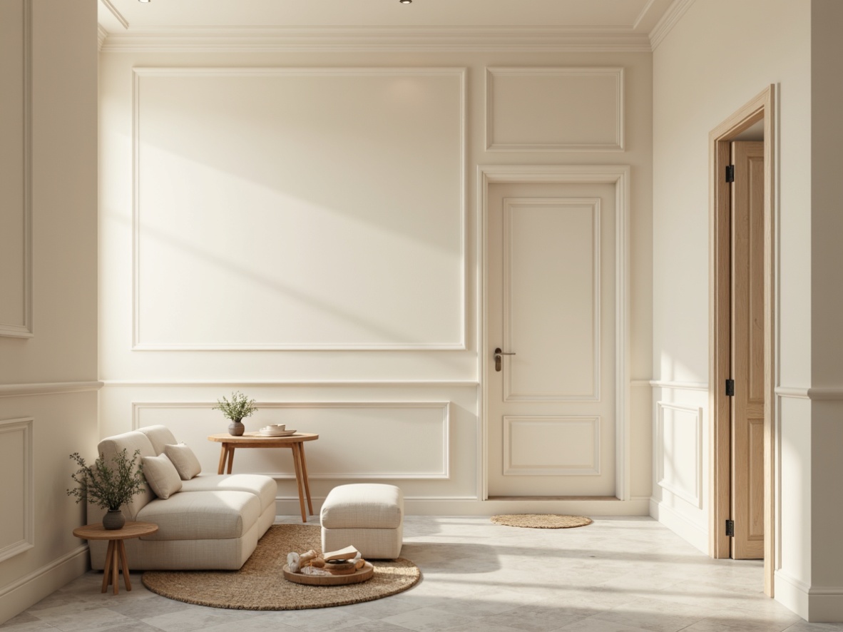 Prompt: Soft beige walls, creamy white trim, warm gray floors, natural wood accents, minimalist decor, serene atmosphere, calm color scheme, soothing textures, subtle patterns, gentle lighting, softbox shadows, shallow depth of field, 1/1 composition, realistic renderings, ambient occlusion.