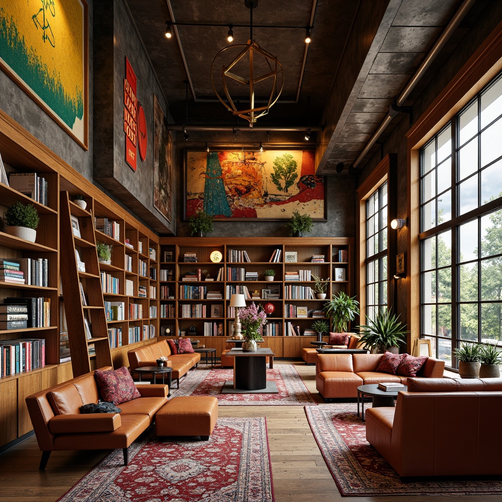 Prompt: Eclectic bookstore interior, postmodernism style, bold color schemes, mixed textures, irregular shapes, asymmetrical shelving, avant-garde furniture, statement lighting fixtures, industrial metal beams, reclaimed wood accents, vintage decorative items, cozy reading nooks, plush area rugs, floor-to-ceiling bookshelves, ladder bookcases, comfortable lounge seating, warm atmospheric lighting, shallow depth of field, 1/1 composition, realistic textures, ambient occlusion.