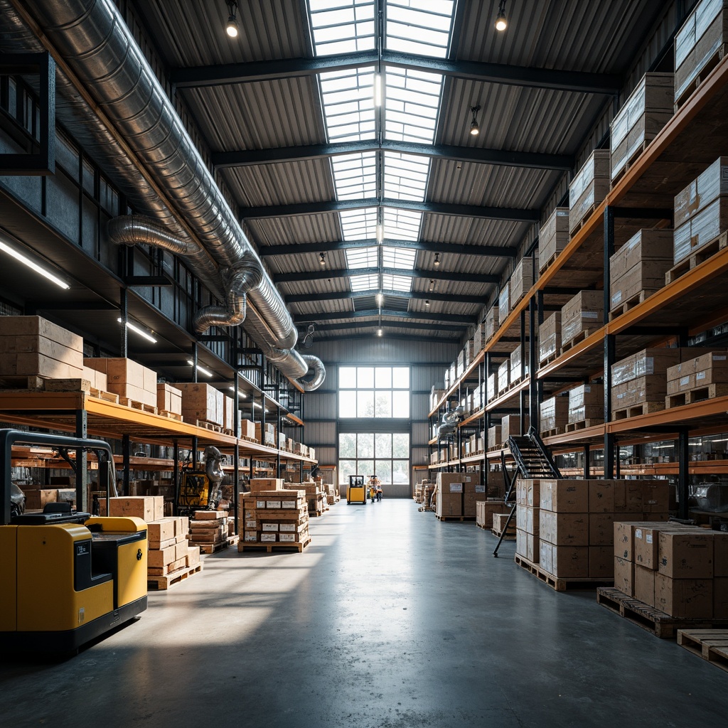 Prompt: Industrial distribution center, vaulted ceilings, exposed ductwork, polished concrete floors, steel beams, modern lighting fixtures, open layout, high shelves, storage racks, commercial equipment, busy atmosphere, natural light pouring in, soft warm glow, shallow depth of field, 1/1 composition, realistic textures, ambient occlusion.