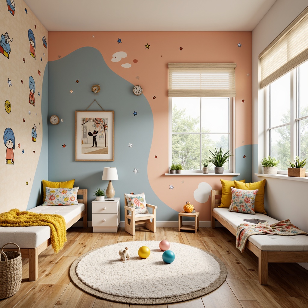 Prompt: Vibrant kids' room, playful color scheme, bright pastel hues, soft peach tones, creamy whites, gentle blues, sunny yellows, whimsical murals, cartoon-inspired decals, fun polka dots, bold stripes, textured wallpapers, cozy reading nook, plush area rug, natural wood furniture, modern kid-friendly decor, warm task lighting, softbox window treatment, 1/1 composition, shallow depth of field, realistic textures.