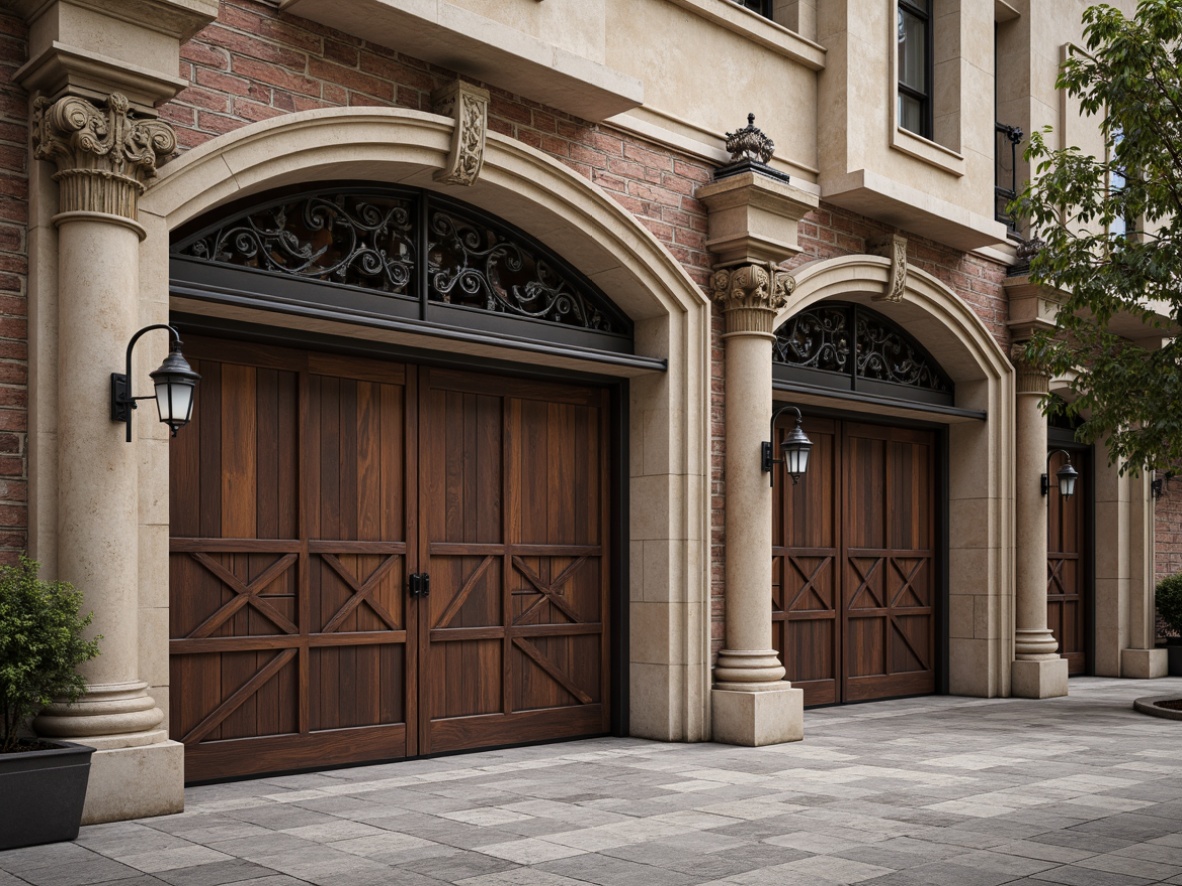 Prompt: Ornate garage doors, ionic columns, carved stone facades, symmetrical compositions, rustic brick walls, ornamental metalwork, antique lanterns, decorative cornices, grand entranceways, classic pediments, subtle arches, soft warm lighting, shallow depth of field, 3/4 composition, panoramic view, realistic textures, ambient occlusion.