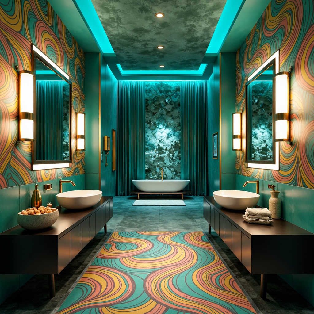 Prompt: Vibrant turquoise walls, ornate golden fixtures, swirling abstract patterns, eclectic mix of materials, bold colorful tiles, curvaceous sink basins, fluid shapes, avant-garde cabinetry, luxurious velvet drapes, oversized mirrors, LED strip lighting, 3D geometric motifs, asymmetrical layouts, futuristic faucets, textured glass countertops, matte black accents, atmospheric misting system, shallow depth of field, 1/1 composition, cinematic lighting, high-contrast rendering.