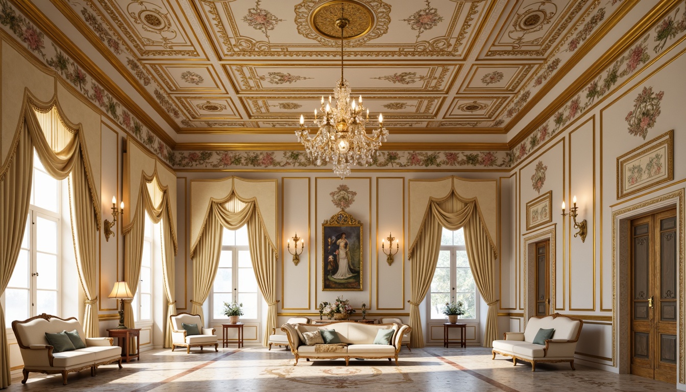 Prompt: Ornate palace interior, gold gilded moldings, delicate floral patterns, soft creamy colors, luxurious velvet fabrics, intricate carved wood furniture, grandiose chandeliers, dramatic arched doorways, opulent marble floors, lavish ornamental details, 3D sculpted decorations, warm golden lighting, shallow depth of field, 2/3 composition, realistic textures, ambient occlusion.