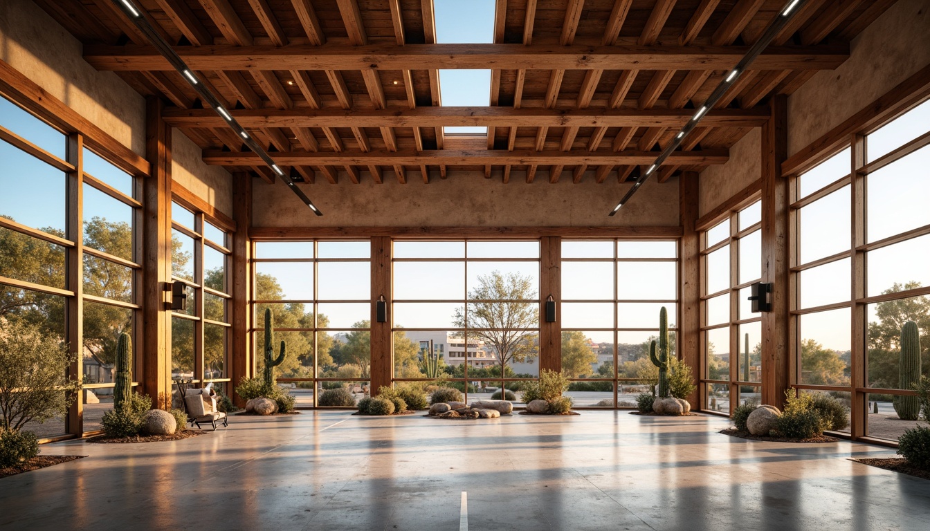 Prompt: Southwestern style gymnasium, exposed wooden beams, natural stone walls, earthy tones, warm color palette, rustic metal accents, large windows, clerestory lighting, soft diffused light, ambient glow, LED strip lights, suspended lanterns, industrial chic fixtures, high ceilings, open spaces, minimalist decor, desert-inspired landscape, cactus plants, sandy terrain, blue skies, warm sunny day, shallow depth of field, 3/4 composition, realistic textures, ambient occlusion.