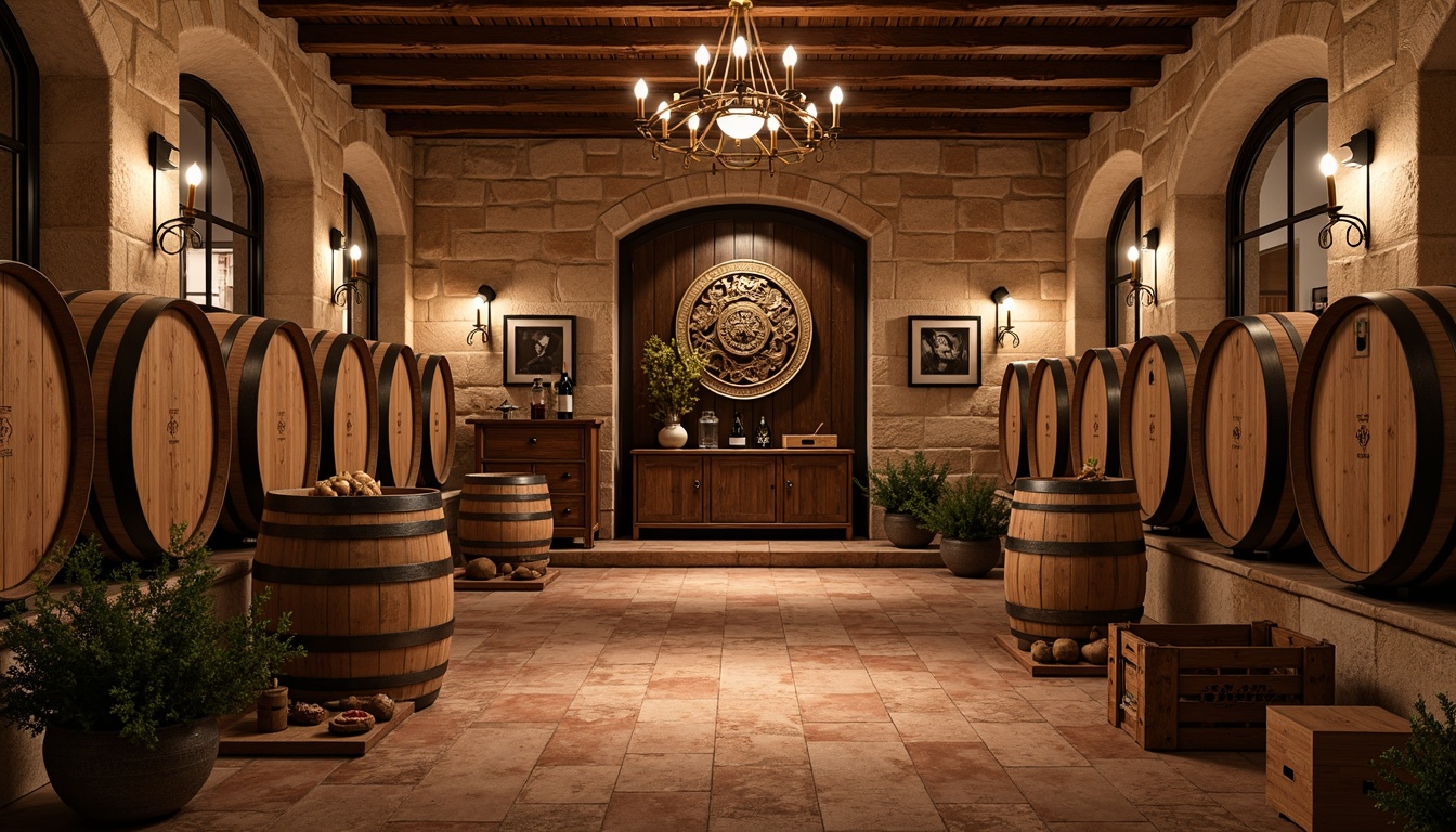 Prompt: Rustic wine cellar, earthy terracotta flooring, natural stone walls, wooden wine barrels, dim warm lighting, intimate ambiance, Mediterranean-inspired decor, ornate metalwork, vintage wine-making equipment, rich wood accents, distressed wooden crates, warm beige colors, soft shadows, 1/1 composition, realistic textures, ambient occlusion.