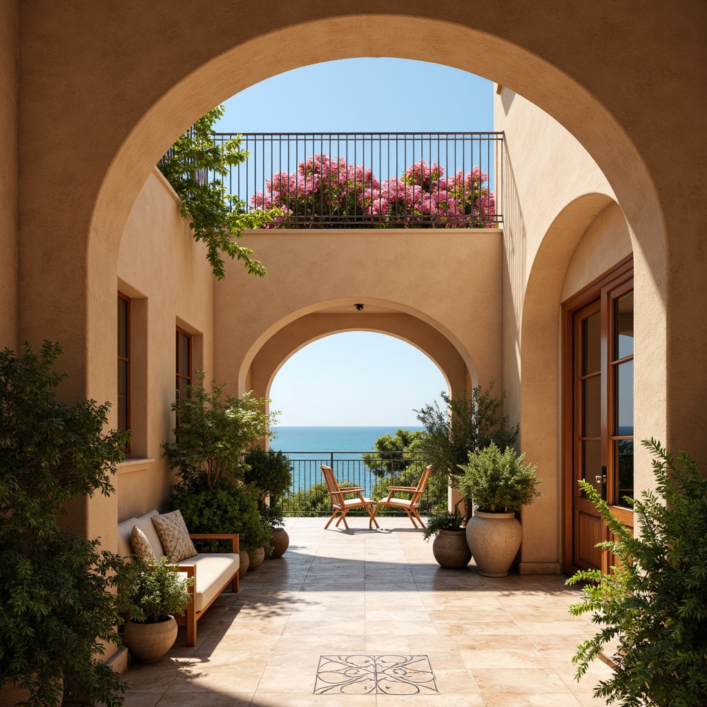 Prompt: Warm beige stucco walls, curved archways, ornate ceramic tiles, rustic wooden doors, decorative wrought iron balconies, lush greenery, vibrant bougainvillea flowers, turquoise Mediterranean Sea views, sunny afternoon, soft warm lighting, shallow depth of field, 3/4 composition, panoramic view, realistic textures, ambient occlusion.