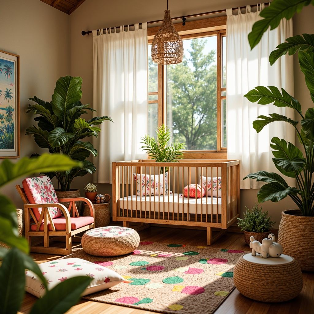 Prompt: Vibrant tropical baby room, lush greenery, exotic flowers, natural wood crib, woven bamboo furniture, colorful rattan baskets, soft plush toys, creamy white curtains, warm beige walls, textured jute rug, bold colorful tribal print fabrics, whimsical palm tree patterns, delicate floral embroidery, bright coral pink accents, sunny day, soft warm lighting, shallow depth of field, 3/4 composition, realistic textures, ambient occlusion.