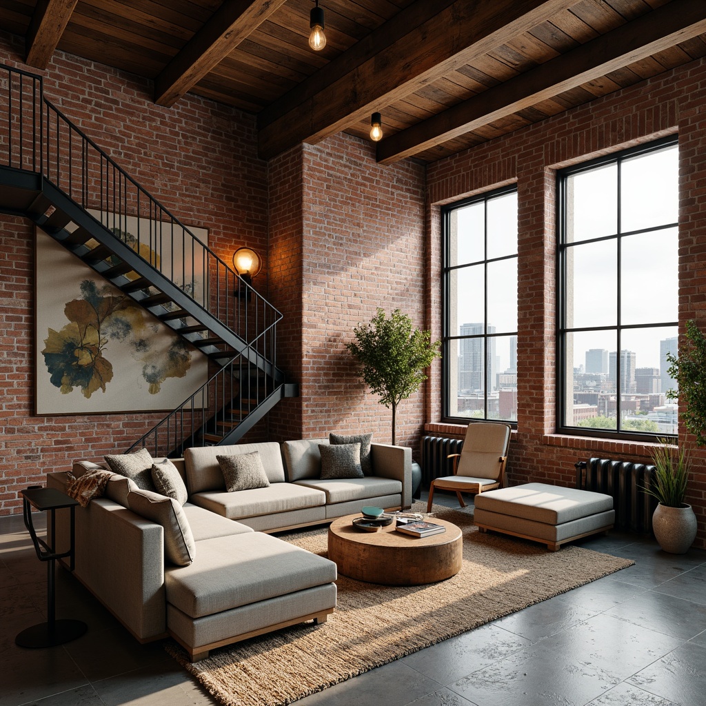 Prompt: Industrial-chic loft interior, exposed brick walls, reclaimed wooden beams, polished concrete floors, metal staircase, modern minimalist decor, urban city views, large industrial windows, soft warm lighting, shallow depth of field, 1/2 composition, realistic textures, ambient occlusion, cozy reading nook, comfortable sectional sofa, abstract art pieces, Edison bulb fixtures, natural fiber rugs, earthy color palette.