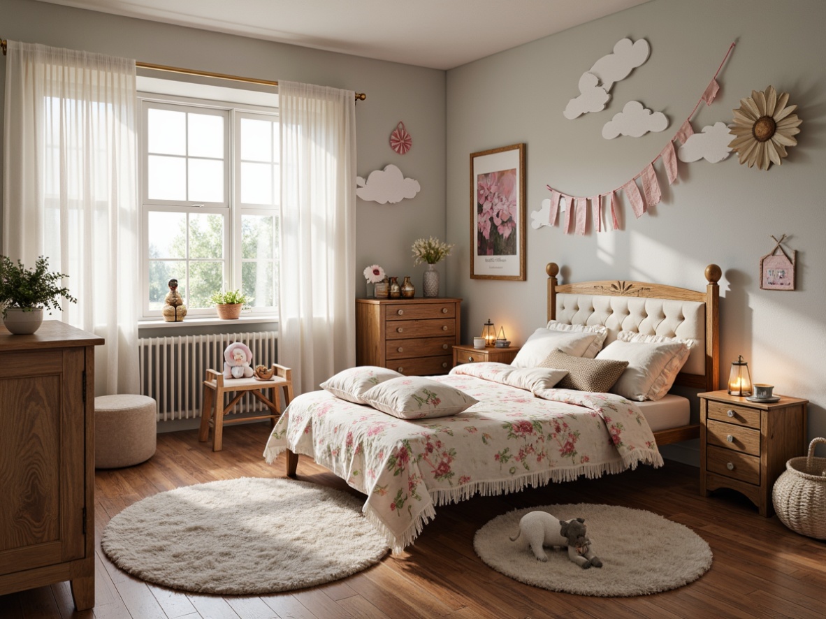 Prompt: Whimsical kids' bedroom, distressed finishes, vintage accents, soft pastel hues, lace curtains, floral patterns, ruffled bedding, antique wooden furniture, worn velvet upholstery, ornate metalwork, delicate porcelain dolls, rustic wooden crates, fluffy area rugs, warm candlelight, dreamy cloud-shaped decorations, whimsical wall murals, eclectic mix of fabrics, distressed paint effects, romantic French-inspired designs.