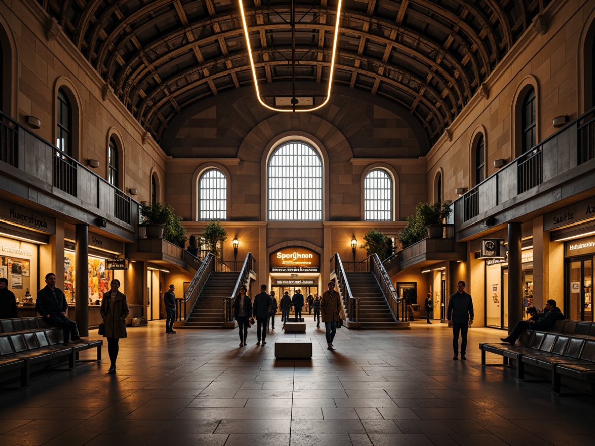 Prompt: Grand metro station, transitional style architecture, high ceilings, ornate details, vintage chandeliers, modern LED strips, warm ambient lighting, soft glow, urban atmosphere, bustling crowds, concrete platforms, steel beams, sleek signage, elegant benches, refined materials, subtle color scheme, sophisticated ambiance, dramatic archways, sweeping curves, grand staircases, panoramic views, high-contrast lighting, shallow depth of field, 2/3 composition, realistic textures, ambient occlusion.