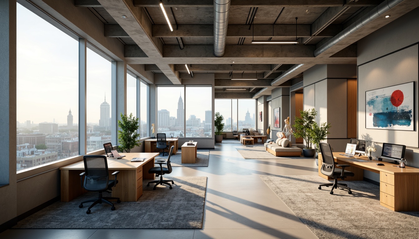 Prompt: Modern office interior, open-plan layout, minimalist decor, functional workstations, ergonomic chairs, sleek desks, ample natural light, floor-to-ceiling windows, urban city view, abstract artwork, geometric patterns, calming color scheme, soft warm lighting, shallow depth of field, 3/4 composition, panoramic view, realistic textures, ambient occlusion.