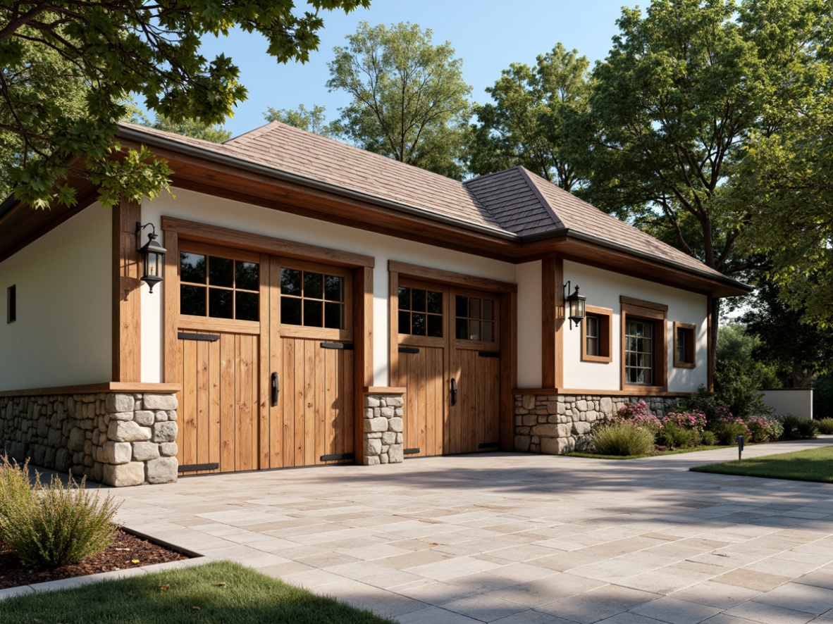 Prompt: Weathered wooden garage doors, rustic metal hardware, earthy stone foundation, vintage lanterns, distressed wood siding, neutral color palette, classic gabled roof, symmetrical facade, ornate exterior trim, natural stone pathways, lush greenery, warm sunny day, soft diffused lighting, 1/1 composition, realistic textures, ambient occlusion.