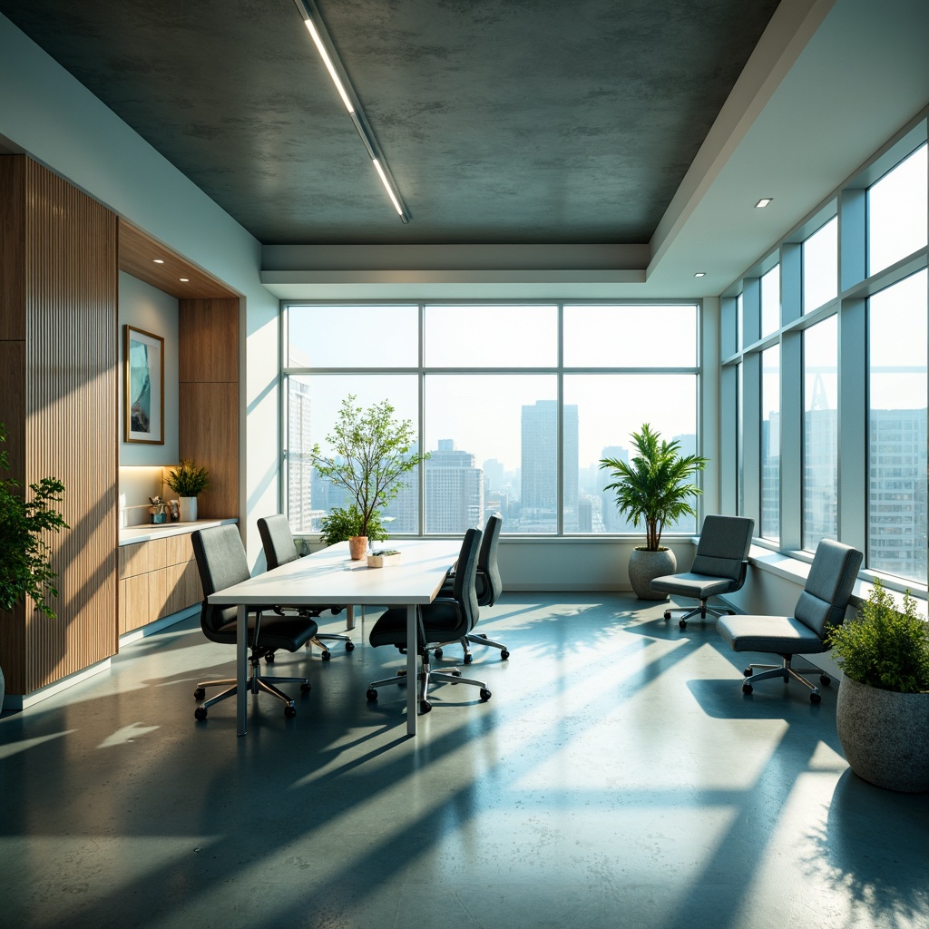 Prompt: Professional corporate office, modern minimalist decor, calming blue-green color scheme, creamy white accents, rich wood tones, sleek metal fixtures, ergonomic furniture, abundant natural light, floor-to-ceiling windows, cityscape views, subtle texture contrasts, warm task lighting, 1/1 composition, realistic material reflections, ambient occlusion.