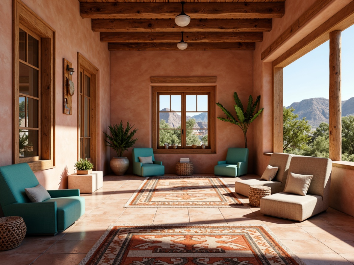 Prompt: Adobe-style earthy tones, rustic stucco walls, natural stone veneers, warm terracotta tiles, distressed wood accents, woven textiles, vibrant turquoise hues, geometric patterns, Native American-inspired motifs, desert landscape views, sunny afternoon light, soft shadows, shallow depth of field, 1/1 composition, realistic textures, ambient occlusion.