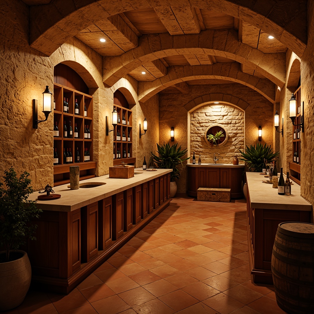 Prompt: Warm Mediterranean wine cellar, rustic stone walls, wooden barrels, dim soft lighting, warm golden tones, subtle shadows, intimate ambiance, cozy nooks, curved archways, terracotta floors, rich wood accents, elegant chandeliers, suspended lanterns, ambient LED strips, dramatic spotlights, softbox diffusers, warm color temperatures, low-key illumination, relaxed atmosphere, vintage wine bottles, oak aging barrels, natural stone countertops, earthy tones, sophisticated decor.