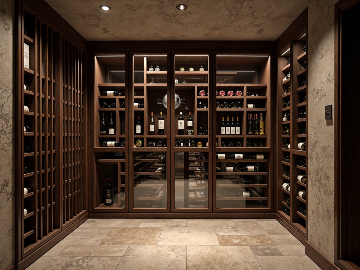 Prompt: Climate-controlled wine cellar, temperature range 55-58\u00b0F, humidity level 50-60%, dark wood shelving, glass doors, LED lighting, refrigeration units, air circulation systems, precise temperature monitoring, real-time data tracking, automated cooling systems, insulation materials, vapor barriers, concrete construction, earthy tones, natural stone flooring, rustic wooden accents, ambient soft lighting, shallow depth of field, 1/2 composition, realistic textures, subtle reflections.