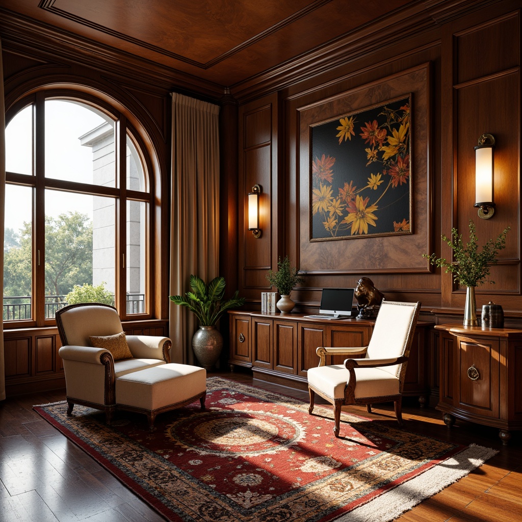 Prompt: Luxurious home office, rich wood tones, metallic accents, ornate furniture pieces, geometric patterns, bold colors, vintage charm, sophisticated ambiance, curved lines, angular shapes, opulent textiles, lavish decorations, sunlit space, warm golden lighting, shallow depth of field, 1/1 composition, realistic reflections, ambient occlusion.