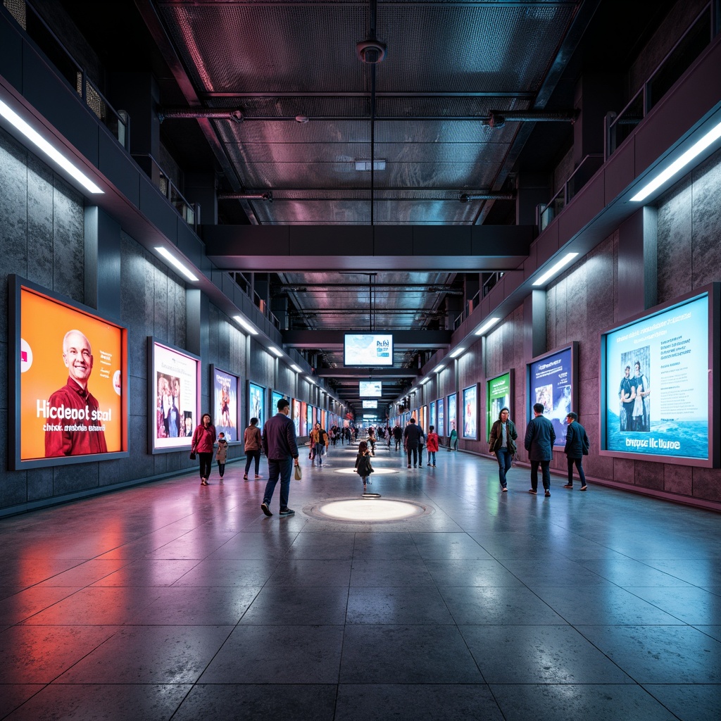 Prompt: Urban metro station, sleek modern architecture, polished metal columns, glossy tiled floors, vibrant LED lighting, dynamic digital displays, geometric patterned walls, 3D textured finishes, bold color schemes, futuristic ambiance, bustling pedestrian traffic, morning rush hour, soft natural light, shallow depth of field, 1/1 composition, realistic reflections, ambient occlusion.