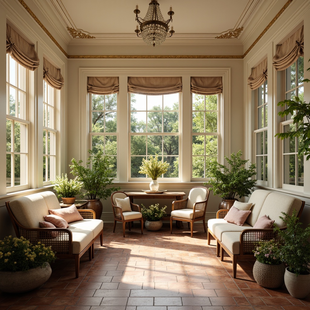 Prompt: Warm sunroom interior, classicism style, soft natural light, creamy white walls, rich wood tones, elegant furnishings, ornate moldings, subtle gold accents, vintage decorative items, distressed finishes, earthy terracotta floor tiles, lush greenery, blooming flowers, warm beige curtains, gentle cream-colored sofas, antique wooden furniture, refined upholstery fabrics, sophisticated color palette, muted sage greens, dusty rose pinks, weathered wood browns, creamy ivory whites, soft warm lighting, shallow depth of field, 3/4 composition, realistic textures, ambient occlusion.