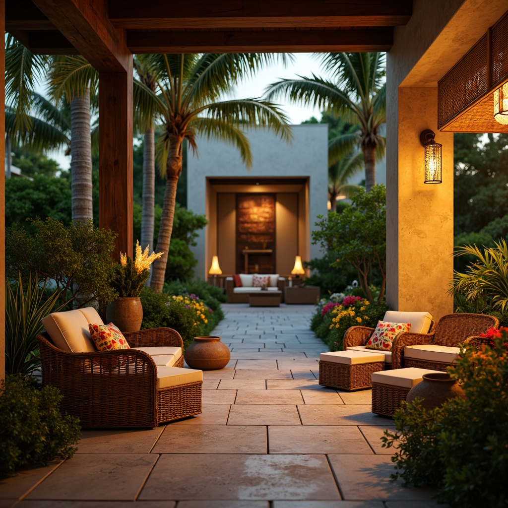 Prompt: Tropical villa, palm trees, exotic flowers, natural stone flooring, woven rattan furniture, colorful tiki torches, warm ambient lighting, pendant lanterns, wicker shades, coastal-inspired chandeliers, rustic metal sconces, nature-inspired textures, earthy color palette, soft golden light, shallow depth of field, 1/1 composition, realistic rendering, atmospheric effects.