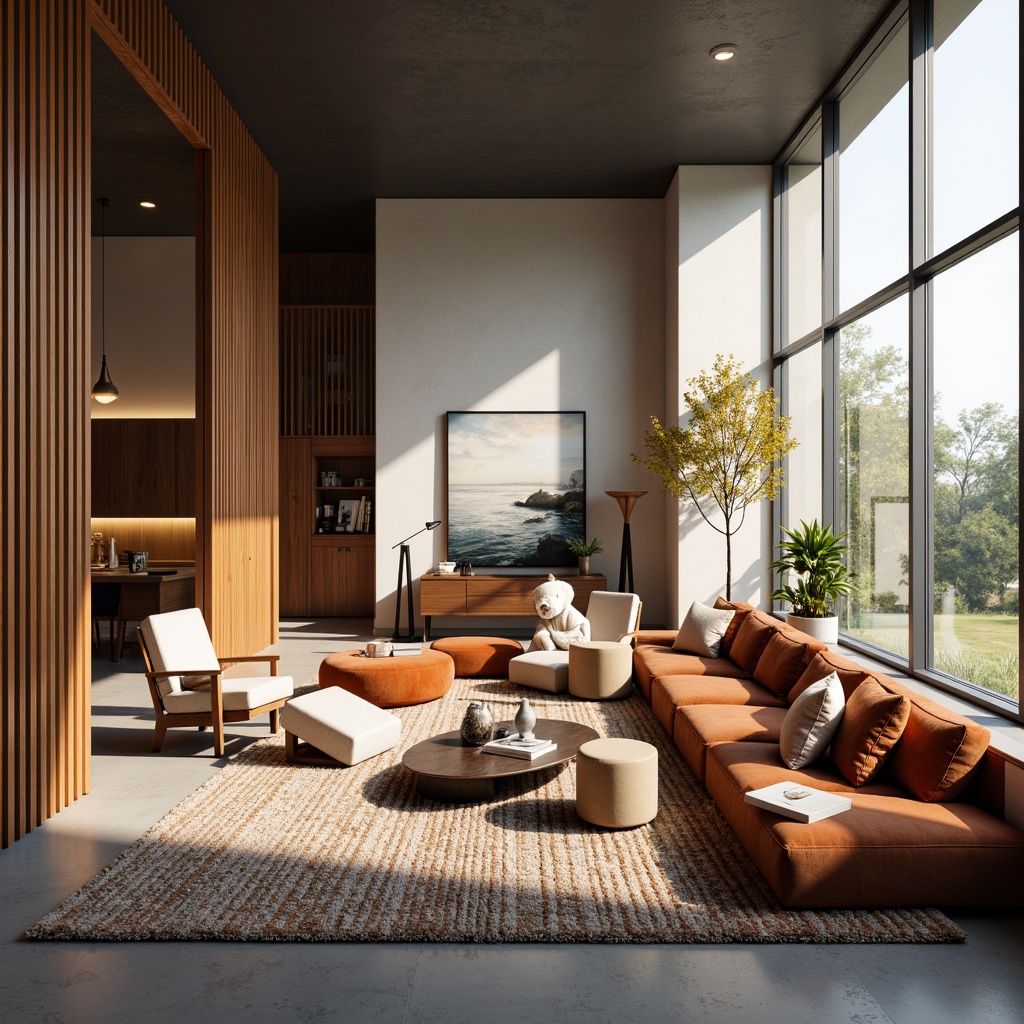 Prompt: Sleek modern interior, minimalist decor, Scandinavian-inspired furniture, clean lines, geometric shapes, metallic accents, rich wood tones, plush upholstery, vibrant color schemes, textured rugs, statement lighting fixtures, floor-to-ceiling windows, natural daylight, soft warm ambiance, 3/4 composition, shallow depth of field, realistic textures, ambient occlusion.