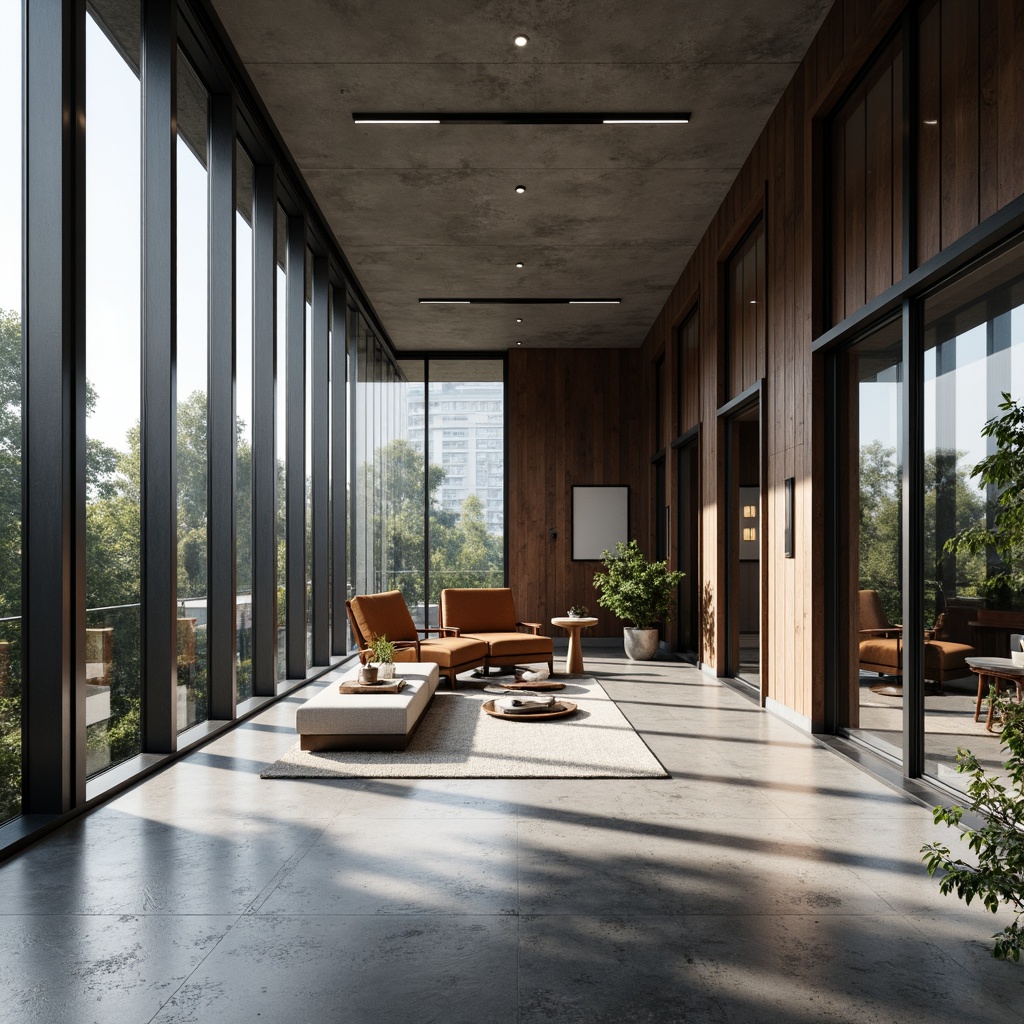 Prompt: Modern interior, sleek lines, minimal ornamentation, neutral color scheme, calming atmosphere, natural light, large windows, sliding glass doors, polished concrete floors, industrial chic decor, monochromatic tones, bold accent walls, textured fabrics, metallic accents, ambient lighting, soft shadows, 3/4 composition, realistic renderings.