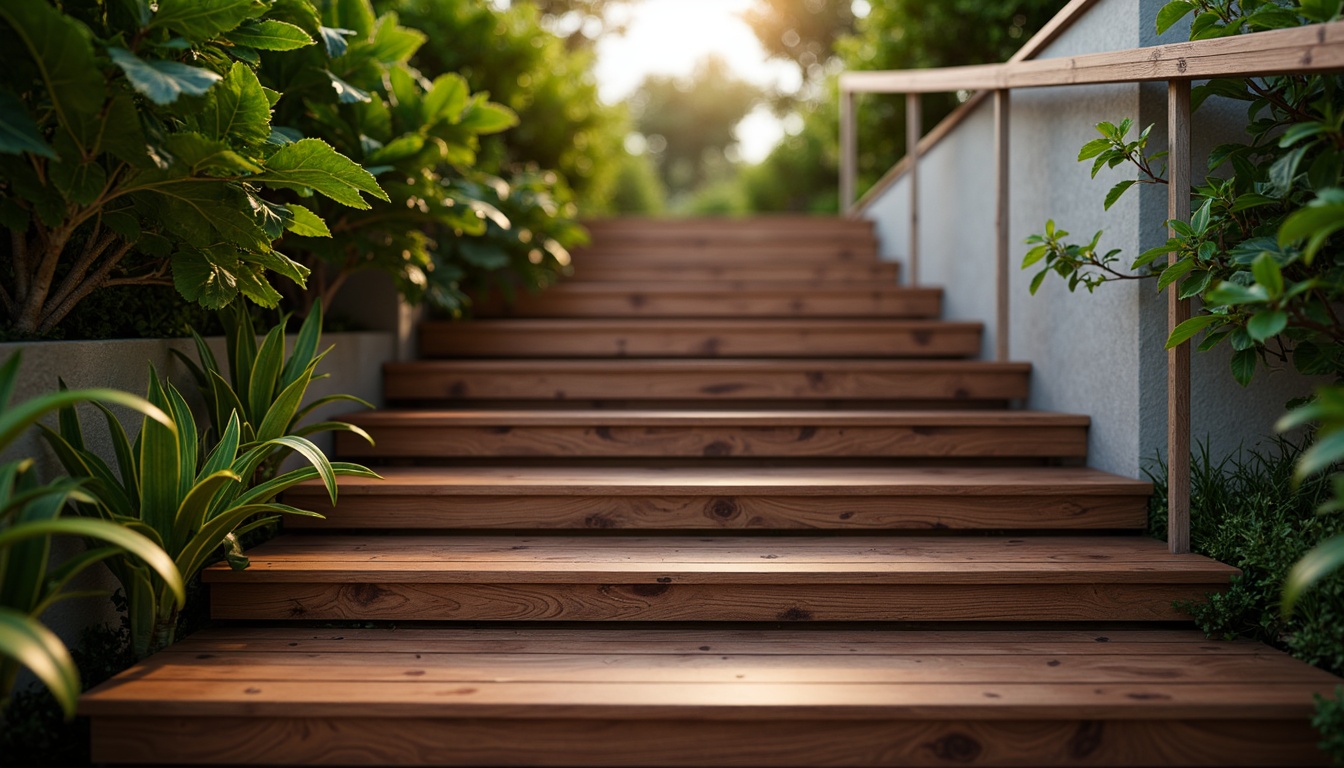 Prompt: Tropical staircase, exotic hardwood treads, rich brown color, smooth surface finish, anti-slip grooves, durable construction, natural grain patterns, warm ambient lighting, lush greenery surroundings, stone or concrete walls, modern minimalist design, open risers, stainless steel handrails, subtle wood grain textures, realistic reflections, high-contrast render, 1/1 composition, shallow depth of field.